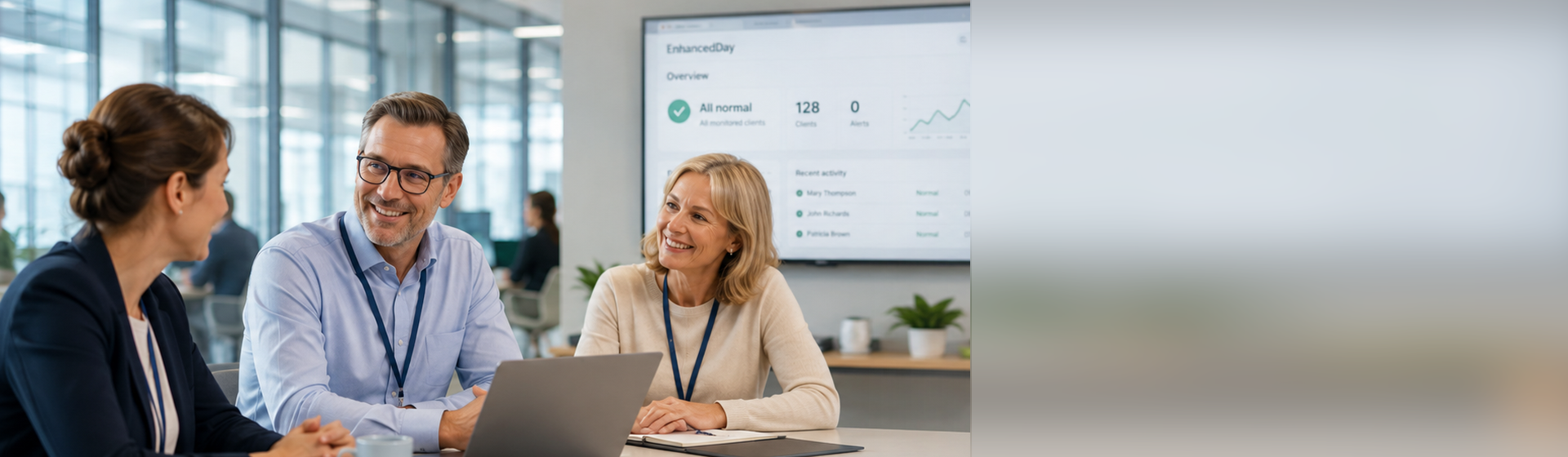 Care and operations team reviewing resident insight dashboard in a modern office